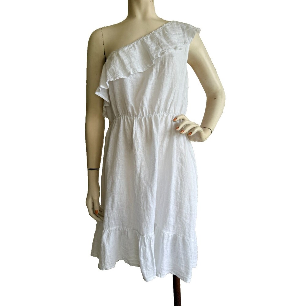 VALENTINA NALDI Italy White Linen Dress One Shoulder Ruffled Knee Length Size L